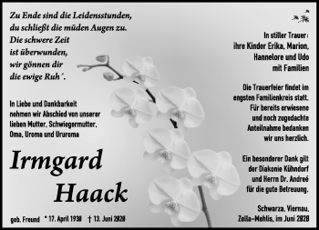 Traueranzeige von Irmgard Haack von Südthüringer Presse