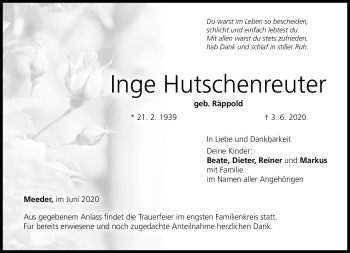 Traueranzeige von Inge Hutschnreuther von Neue Presse Coburg