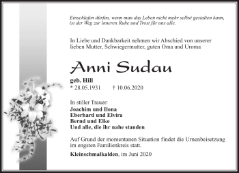 Traueranzeige von Anni Sudau von Südthüringer Presse