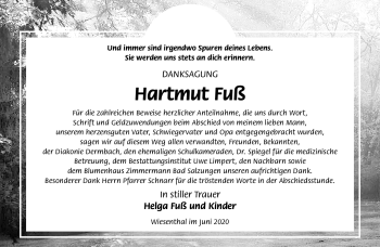 Traueranzeige von Hartmut Fuß von Südthüringer Presse