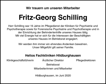 Traueranzeige von Fritz-Georg Schilling von Südthüringer Presse