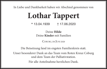 Traueranzeige von Lothar Tappert von Neue Presse Coburg