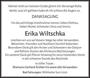 Traueranzeige von Erika Wiltschka von Südthüringer Presse
