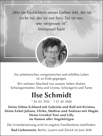 Traueranzeige von Ilse Schmidt von Südthüringer Presse