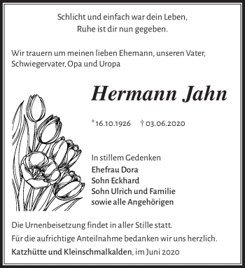 Traueranzeige von Hermann Jahn von Südthüringer Presse