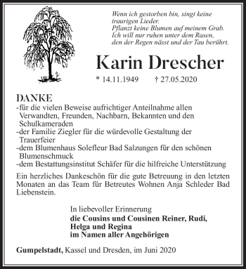 Traueranzeige von Karin Drescher von Südthüringer Presse