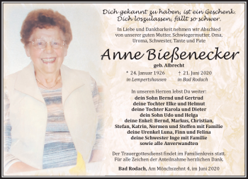 Traueranzeige von Anne Bießenecker von Südthüringer Presse
