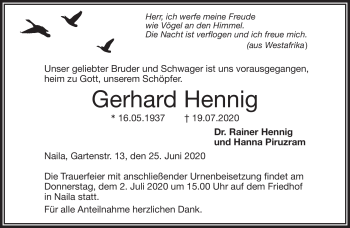 Traueranzeige von Gerhard Hennig von Frankenpost