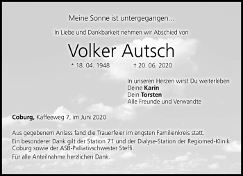 Traueranzeige von Volker Autsch von Neue Presse Coburg
