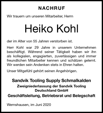 Traueranzeige von Heiko Kohl von Südthüringer Presse