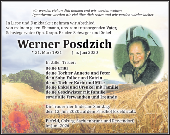 Traueranzeige von Werner Posdzich von Südthüringer Presse