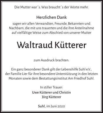 Traueranzeige von Waltraud Kütterer von Südthüringer Presse