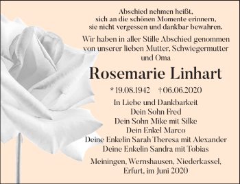 Traueranzeige von Rosemarie Linhart von Südthüringer Presse