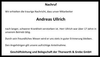 Traueranzeige von Andreas Ullrich von Südthüringer Presse