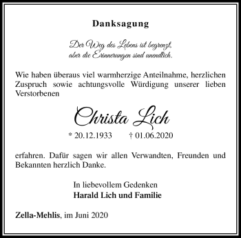 Traueranzeige von Christa Lich von Südthüringer Presse