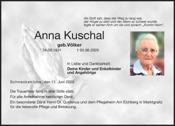 Traueranzeige von Anna Kuschal von Neue Presse Coburg