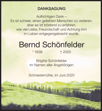 Traueranzeige von Bernd Schönfelder von Südthüringer Presse