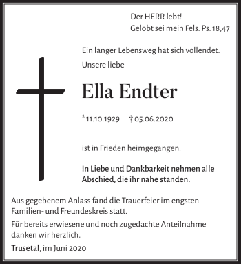 Traueranzeige von Ella Endter von Südthüringer Presse