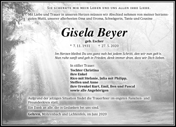 Traueranzeige von Gisela Beyer von Südthüringer Presse