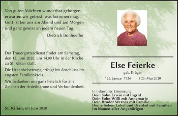 Traueranzeige von Else Feierke von Südthüringer Presse
