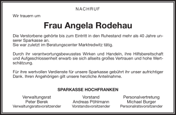Traueranzeige von Angela Rodehau von Frankenpost