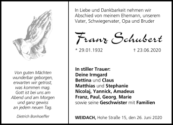 Traueranzeige von Franz Schubert von Neue Presse Coburg