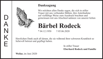 Traueranzeige von Bärbel Rodeck von Südthüringer Presse
