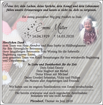 Traueranzeige von Emmi Müller von Südthüringer Presse
