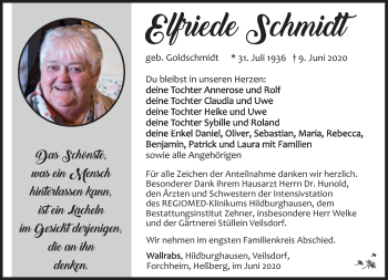 Traueranzeige von Elfriede Schmidt von Südthüringer Presse