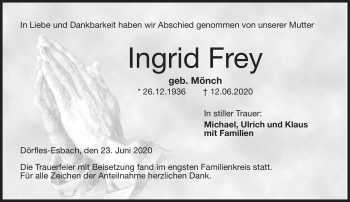 Traueranzeige von Ingrid Frey von Neue Presse Coburg