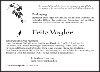 Traueranzeige von Fritz Vogler von Südthüringer Presse