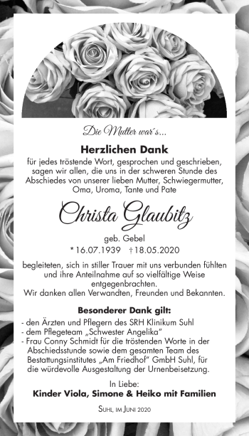 Traueranzeige von Christa Glaubitz von Südthüringer Presse