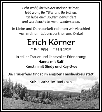 Traueranzeige von Erich Körner von Südthüringer Presse