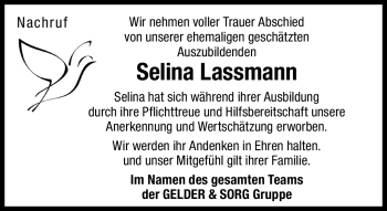 Traueranzeige von Selina Lassmann von Neue Presse Coburg