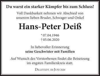 Traueranzeige von Hans-Peter Deiß von Südthüringer Presse