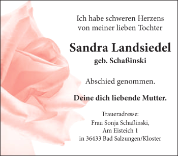Traueranzeige von Sandra Landsiedel von Südthüringer Presse