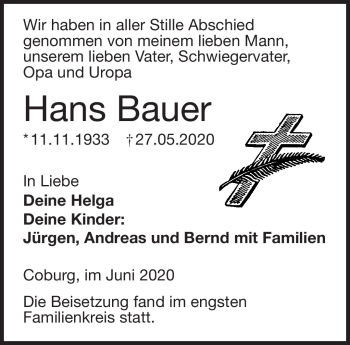 Traueranzeige von Hans Bauer von Neue Presse Coburg