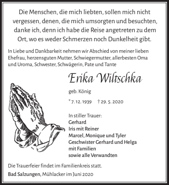 Traueranzeige von Erika Wiltschka von Südthüringer Presse