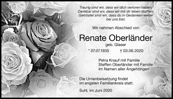 Traueranzeige von Renate Oberländer von Südthüringer Presse