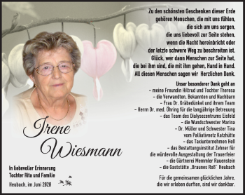 Traueranzeige von Irene Wiesmann von Südthüringer Presse