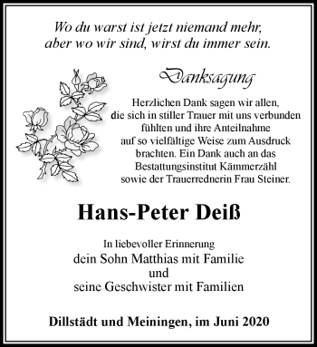 Traueranzeige von Hans-Peter Deiß von Südthüringer Presse