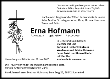 Traueranzeige von Erna Hofmann von Neue Presse Coburg