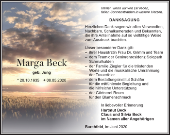 Traueranzeige von Marga Beck von Südthüringer Presse