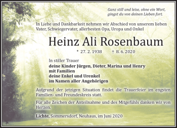 Traueranzeige von Heinz Ali Rosenbaum von Südthüringer Presse