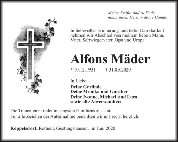 Traueranzeige von Alfons Mäder von Südthüringer Presse