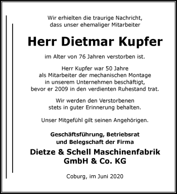 Traueranzeige von Dietmar Kupfer von Neue Presse Coburg