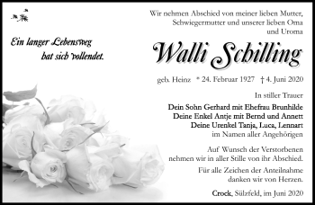 Traueranzeige von Walli Schilling von Südthüringer Presse