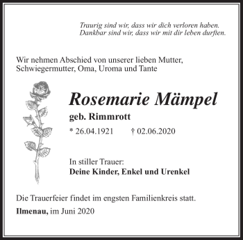 Traueranzeige von Rosemarie Mämpel von Südthüringer Presse
