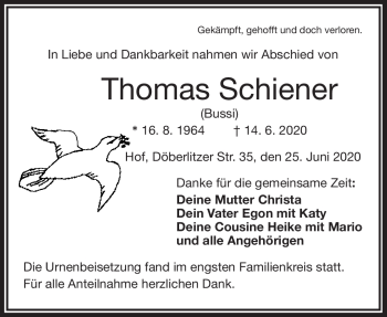 Traueranzeige von Thomas Schiener von Frankenpost