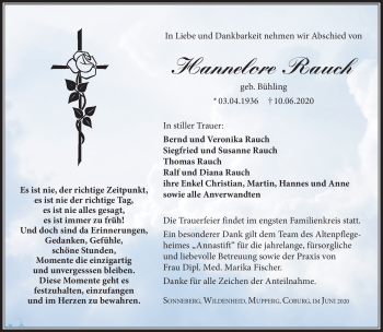 Traueranzeige von Hannelore Rauch von Südthüringer Presse